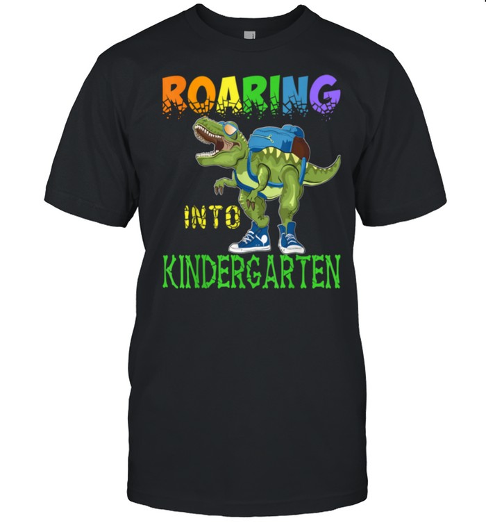 Roaring into kindergarten dinosaur t rex back to school boys shirt