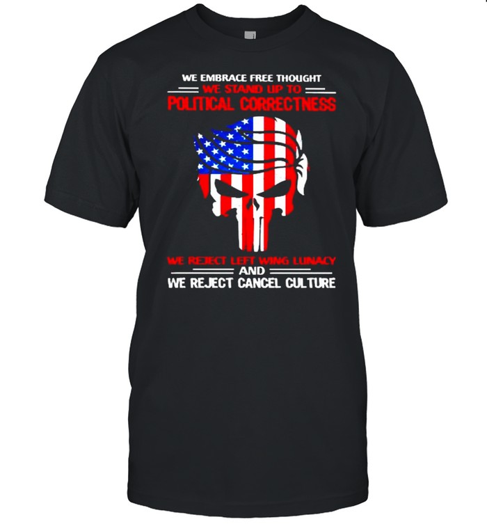 We embrace free thought we stand up to political correctness we reject left wing lunacy trump punisher usa flag shirt