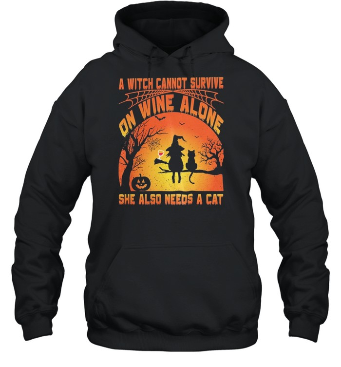 A Witch Cannot Survive On Wine Alone She Also Needs A Cat Halloween shirt Unisex Hoodie