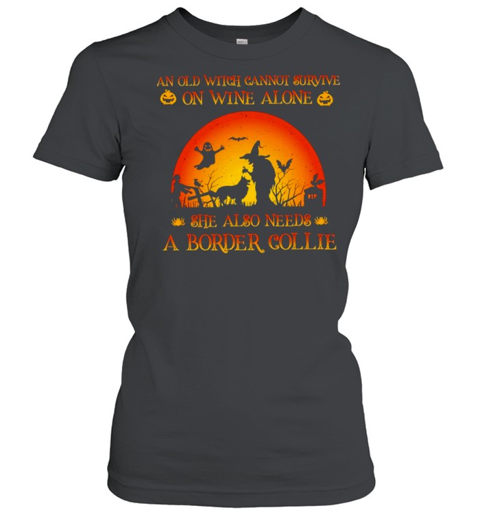 An old witch cannot survive on wine alone she also needs a border collie Halloween shirt Classic Women's T-shirt
