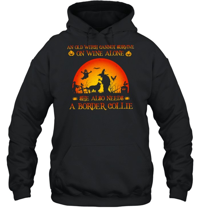 An old witch cannot survive on wine alone she also needs a border collie Halloween shirt Unisex Hoodie