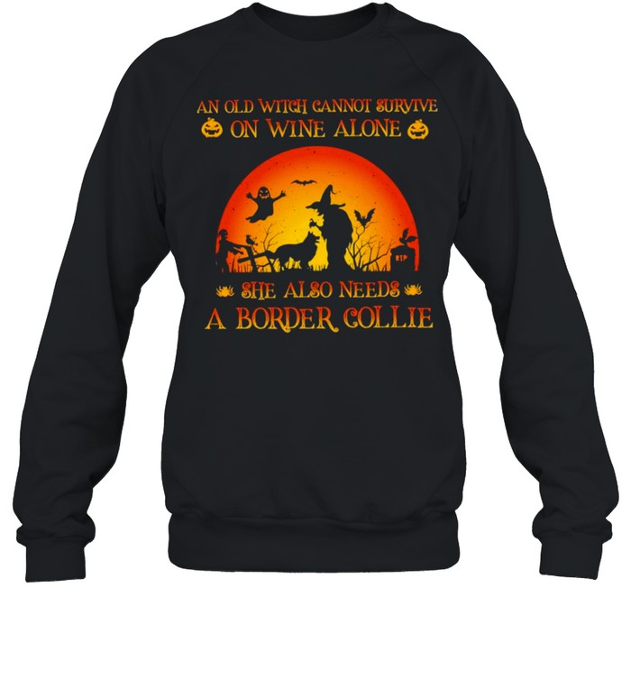 An old witch cannot survive on wine alone she also needs a border collie Halloween shirt Unisex Sweatshirt