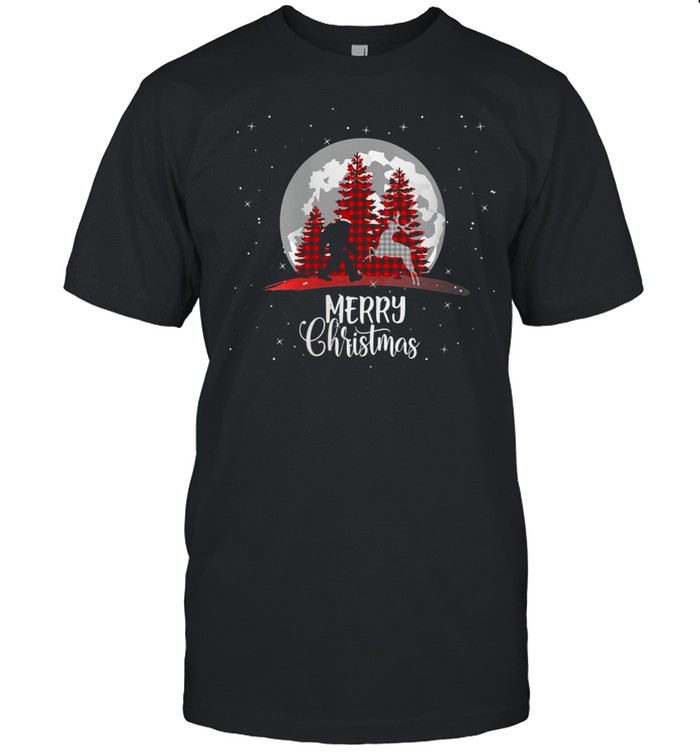 Bigfoot Buffalo Plaid Christmas Tree Moon and Reindeer shirt