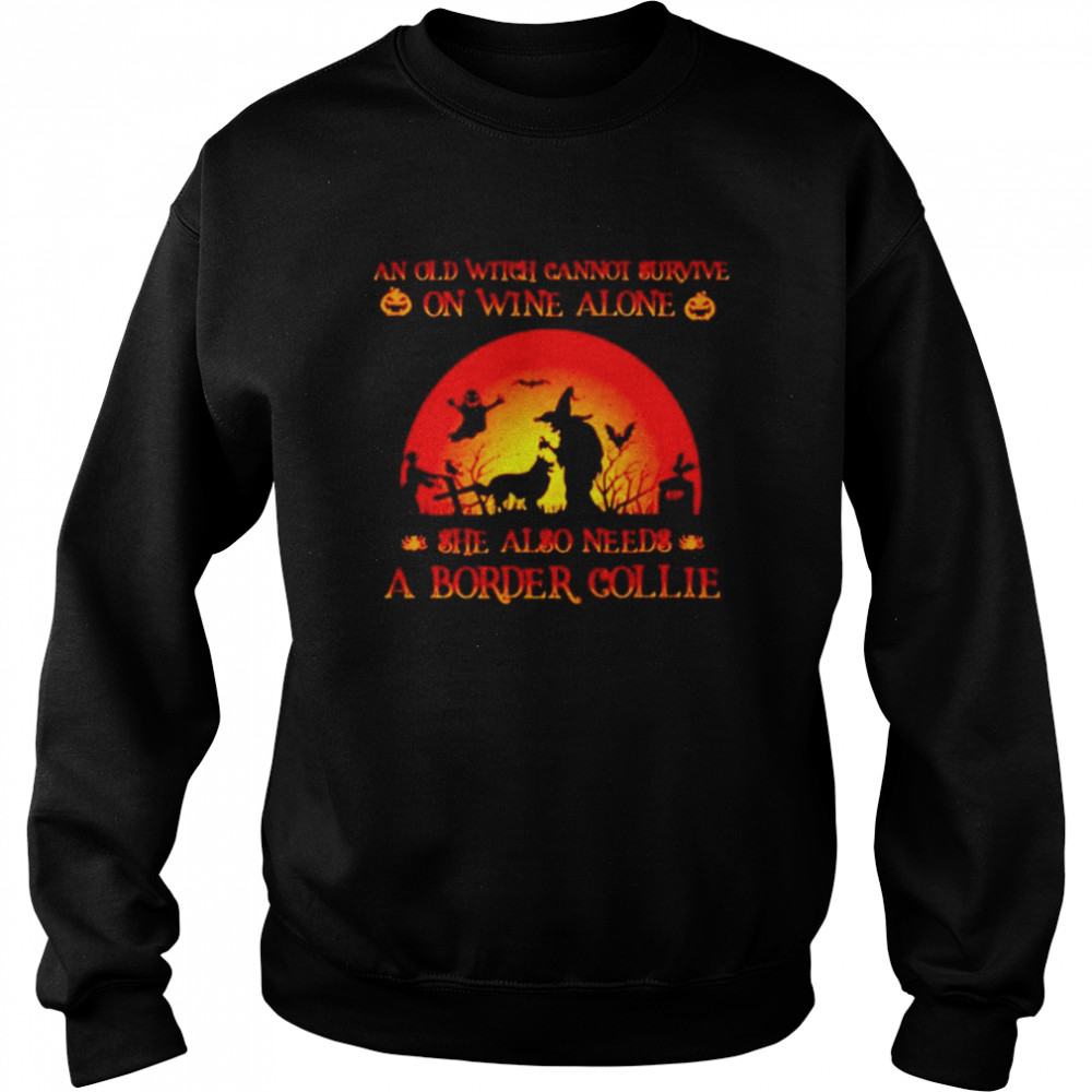 An old witch cannot survive on wine alone she also needs a border collie Halloween shirt Unisex Sweatshirt