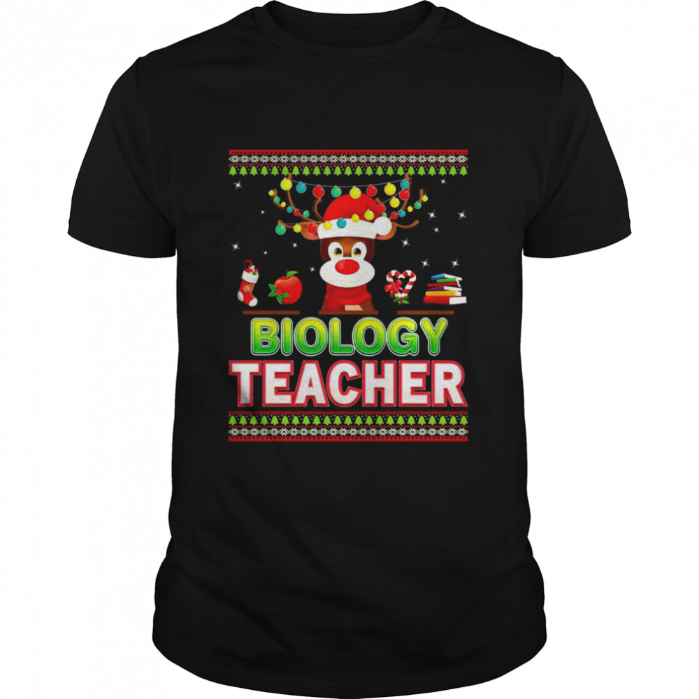 Biology Teacher Reindeer Christmas Light Merry Ugly Shirt