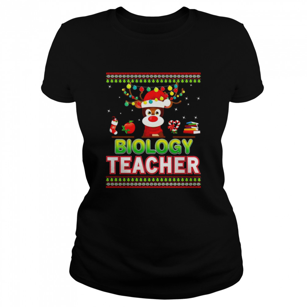 Biology Teacher Reindeer Christmas Light Merry Ugly  Classic Women's T-shirt