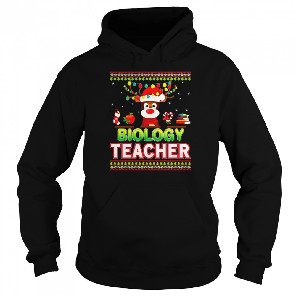 Biology Teacher Reindeer Christmas Light Merry Ugly  Unisex Hoodie
