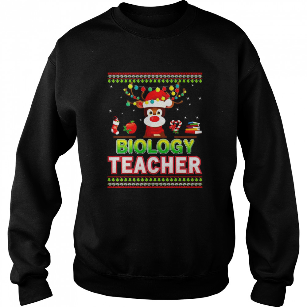 Biology Teacher Reindeer Christmas Light Merry Ugly  Unisex Sweatshirt