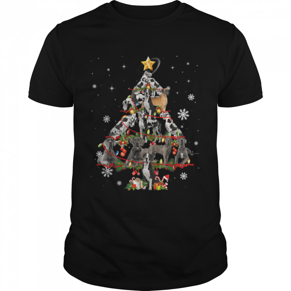 Great Dane Christmas Dog Tree Lights Pajamas Funny Dogs T-Shirt B09JP4F6D2