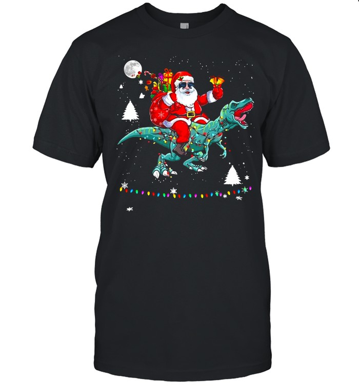 Christmas Santa Claus Riding Dinosaur Lights Xmas Holiday Sweater T-shirt
