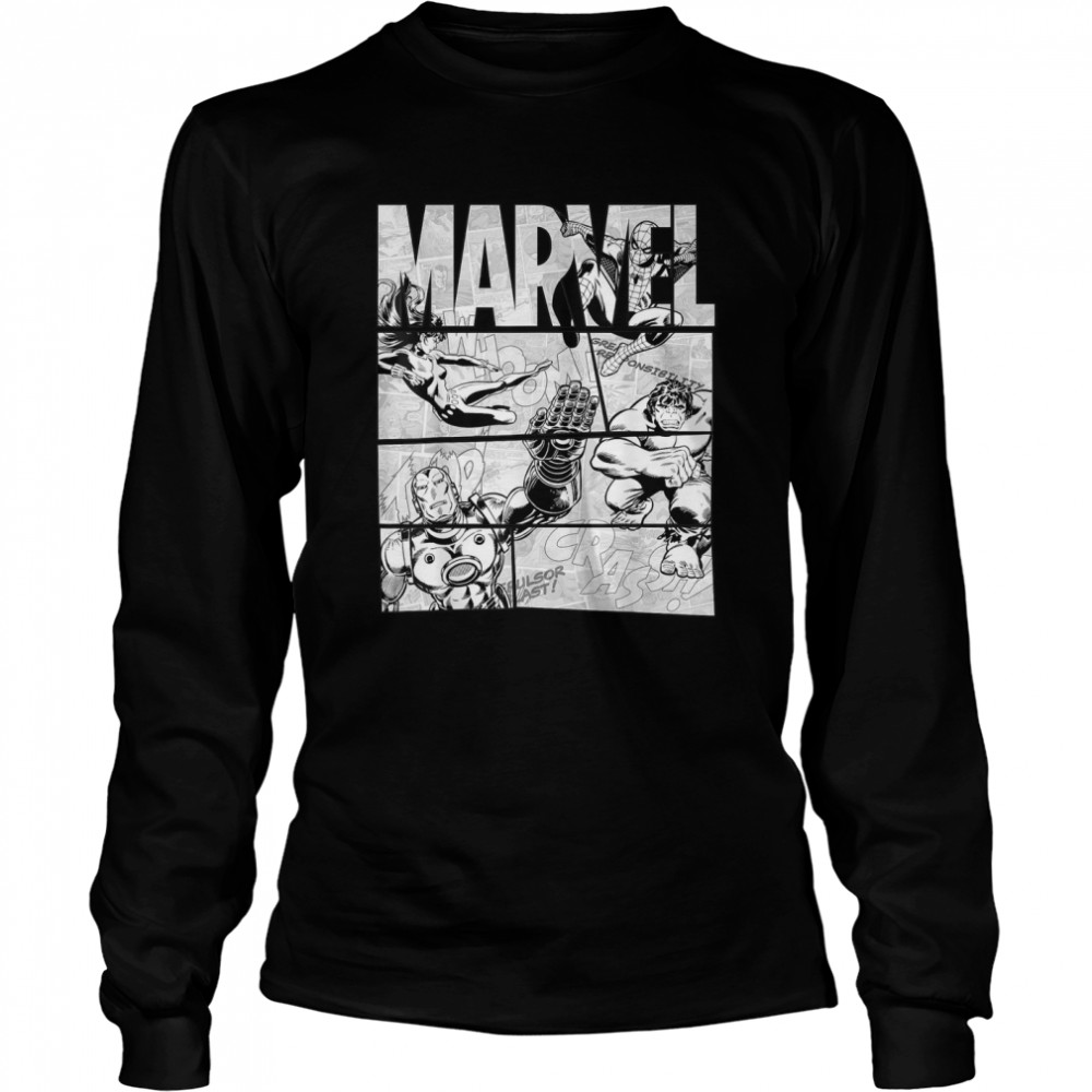 Marvel Avengers Retro Black and White Comic Graphic T- Long Sleeved T-shirt