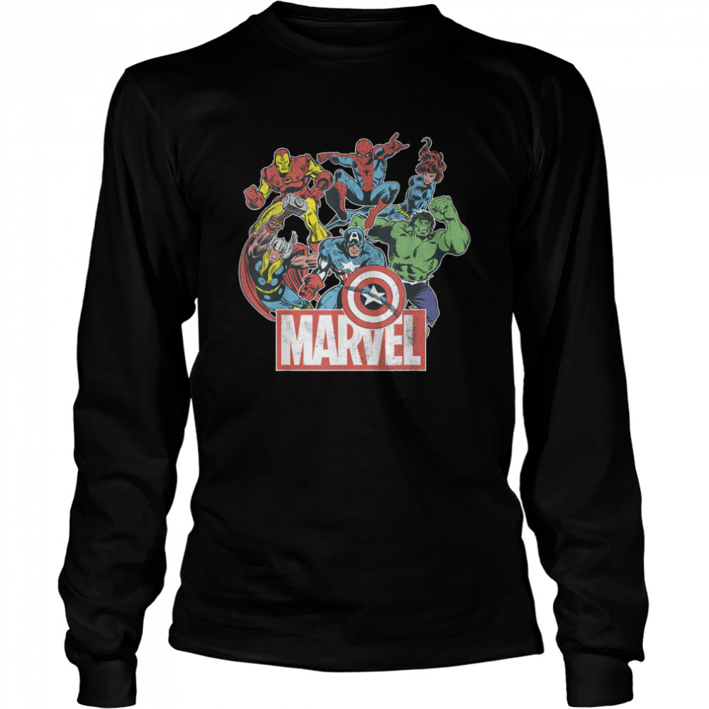 Marvel Avengers Team Retro Comic Vintage Graphic T- Long Sleeved T-shirt