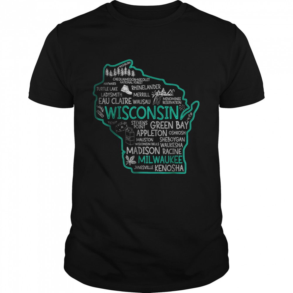 Wisconsin Green Bay Osseo Kenosha Racine Milwaukee Map T-Shirt