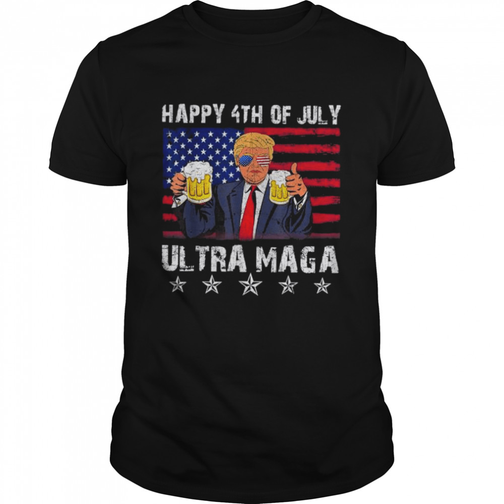 Retro ultra mega pro Trump beer drinkin 4th of july American flag shirt
