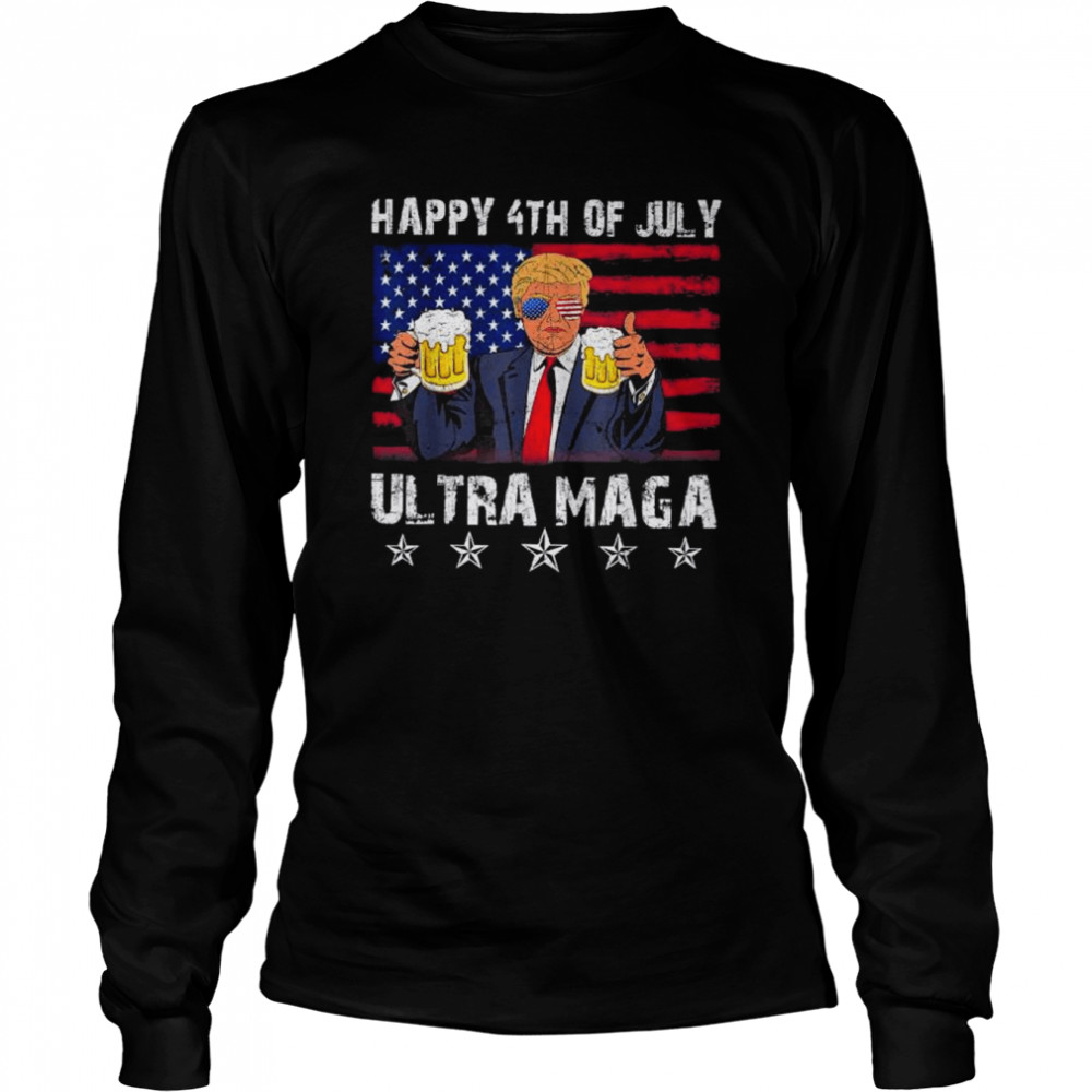 Retro ultra mega pro Trump beer drinkin 4th of july American flag shirt Long Sleeved T-shirt