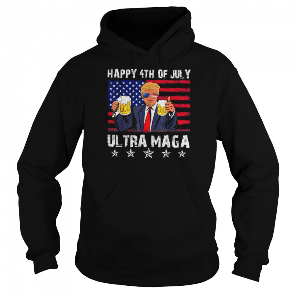 Retro ultra mega pro Trump beer drinkin 4th of july American flag shirt Unisex Hoodie